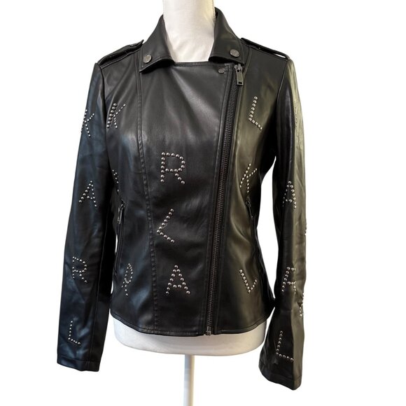 Karl Lagerfeld Paris Black Faux Leather Studded Moto Jacket Logo Detailing SizeS - Picture 1 of 16